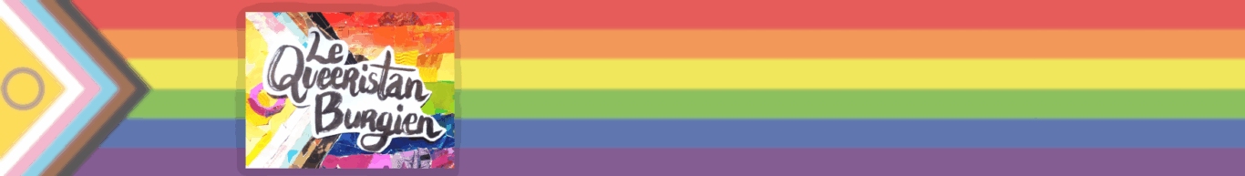 Logo du Queeristan Burgien sur fond de drapeau LGBTI+ inclusif